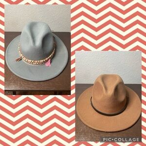 Gray and Tan Fedora Hats with Wide Brim and Pinched Crown